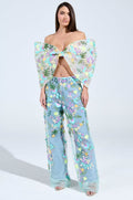 GARDENIA DENIM WITH FLORAL TULLE WIDE LEG JEANS