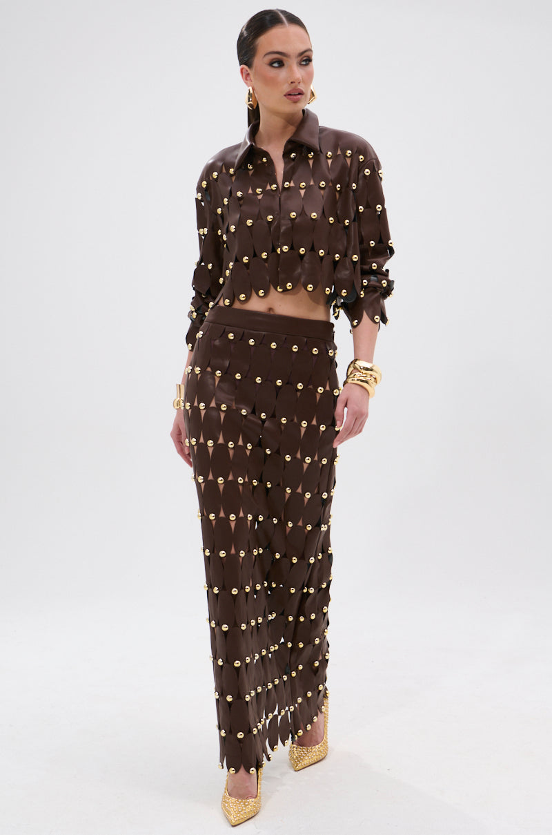 SNEAK PEEK STUDDED PU CROP CARDIGAN IN BROWN