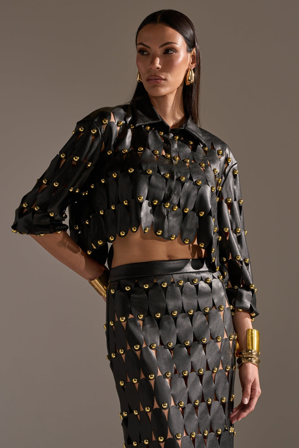 THE SNEAK PEEK STUDDED PU BLOUSE IN BLACK