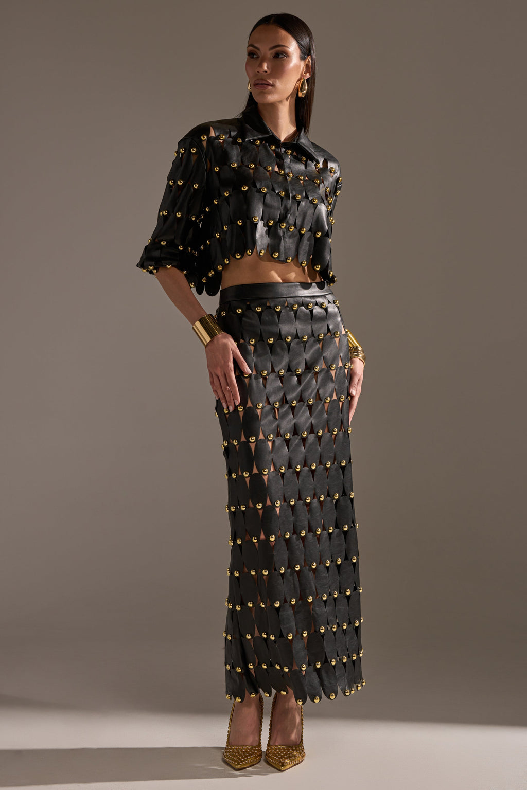 THE SNEAK PEEK STUDDED PU BLOUSE IN BLACK