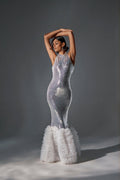 BELLE OF THE BALL SEQUIN RUFFLE MAXI DRESS IN WHITE