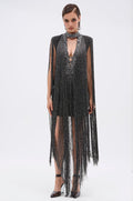 MIXED MESSAGES METALLIC BANDAGE MINI DRESS WITH FRINGE