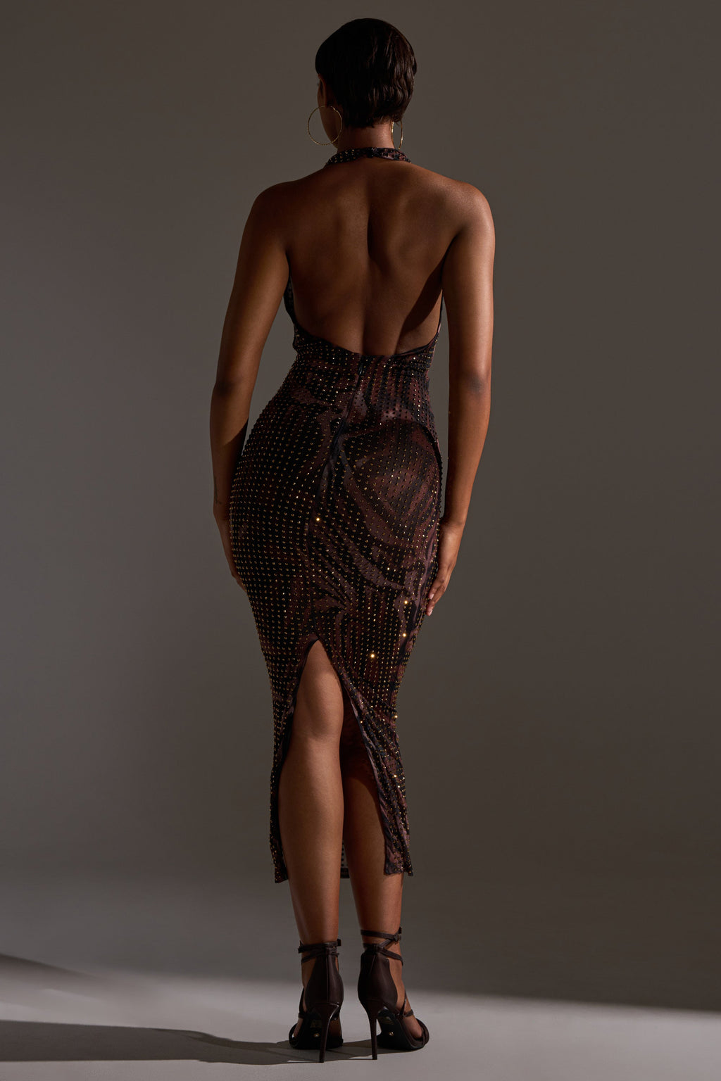 LENNON PRINTED MESH RHINESTONE MIDI DRESS