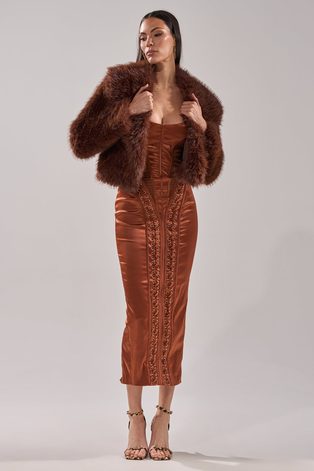 WOAH BABY SATIN MIDI DRESS IN CHOCOLATE
