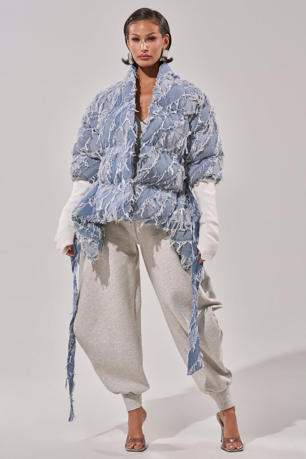 RIB SLEEVE PEPLUM PUFFER IN DENIM