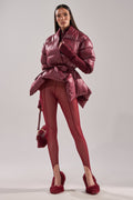 RIB SLEEVE PEPLUM PUFFER IN BURGUNDY