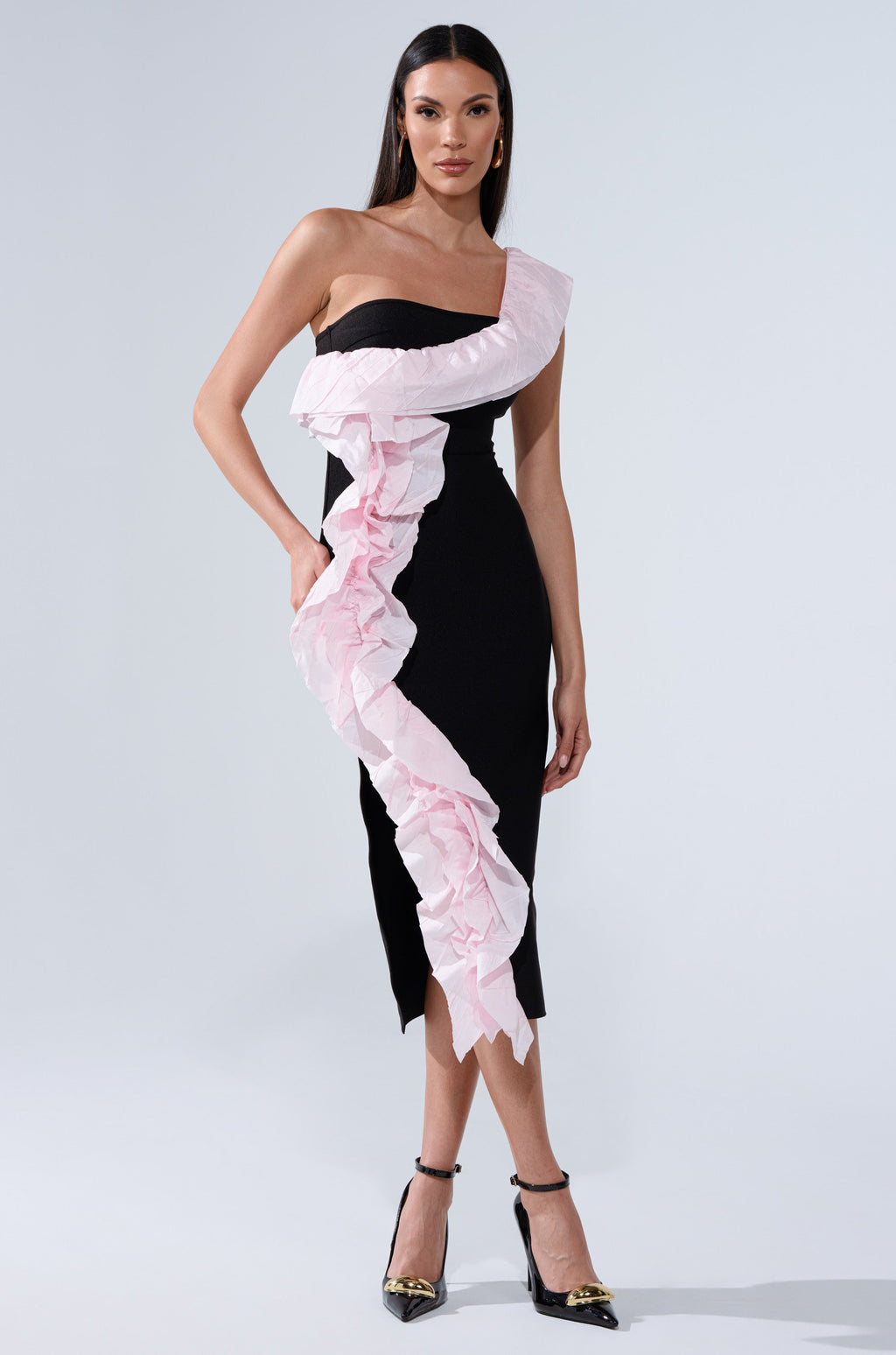 SOFT FLEX BANDAGE MIDI DRESS WITH RUFFLE DETAIL