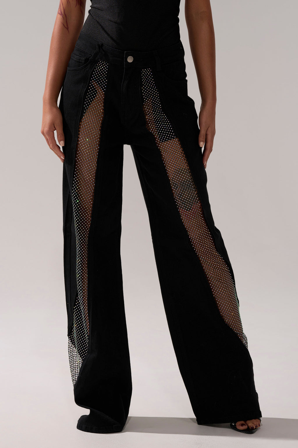 SOMETHING DIFFERENT RELAXED DENIM WITH RHINESTONE MESH