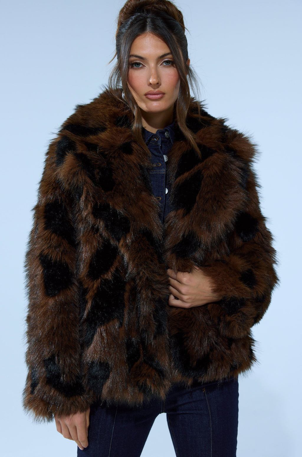 SHORTIE FUR COAT IN BROWN MULTI