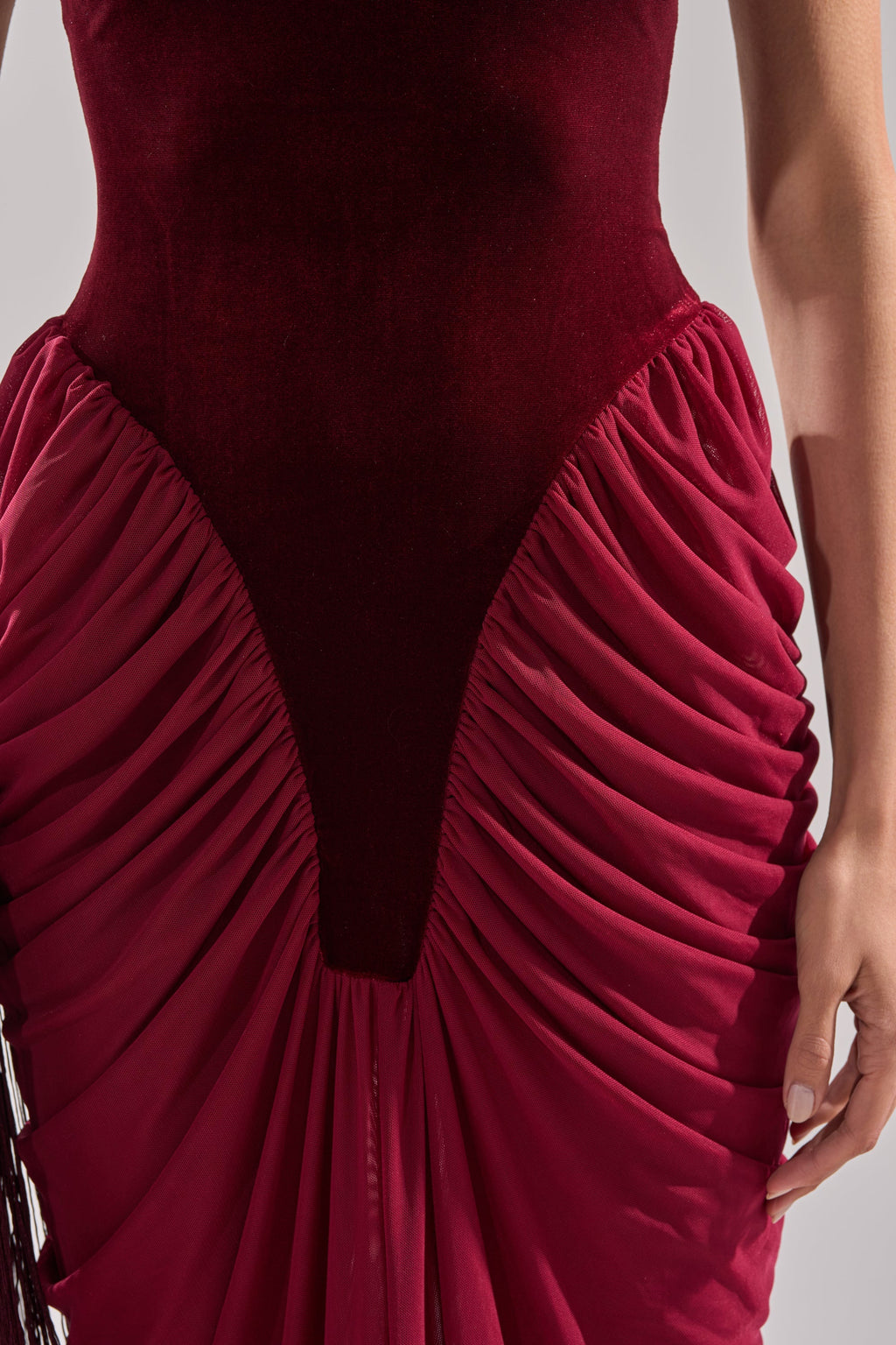 BABY ITS COLD OUTSIDE VELVET RUCHED MAXI DRESS