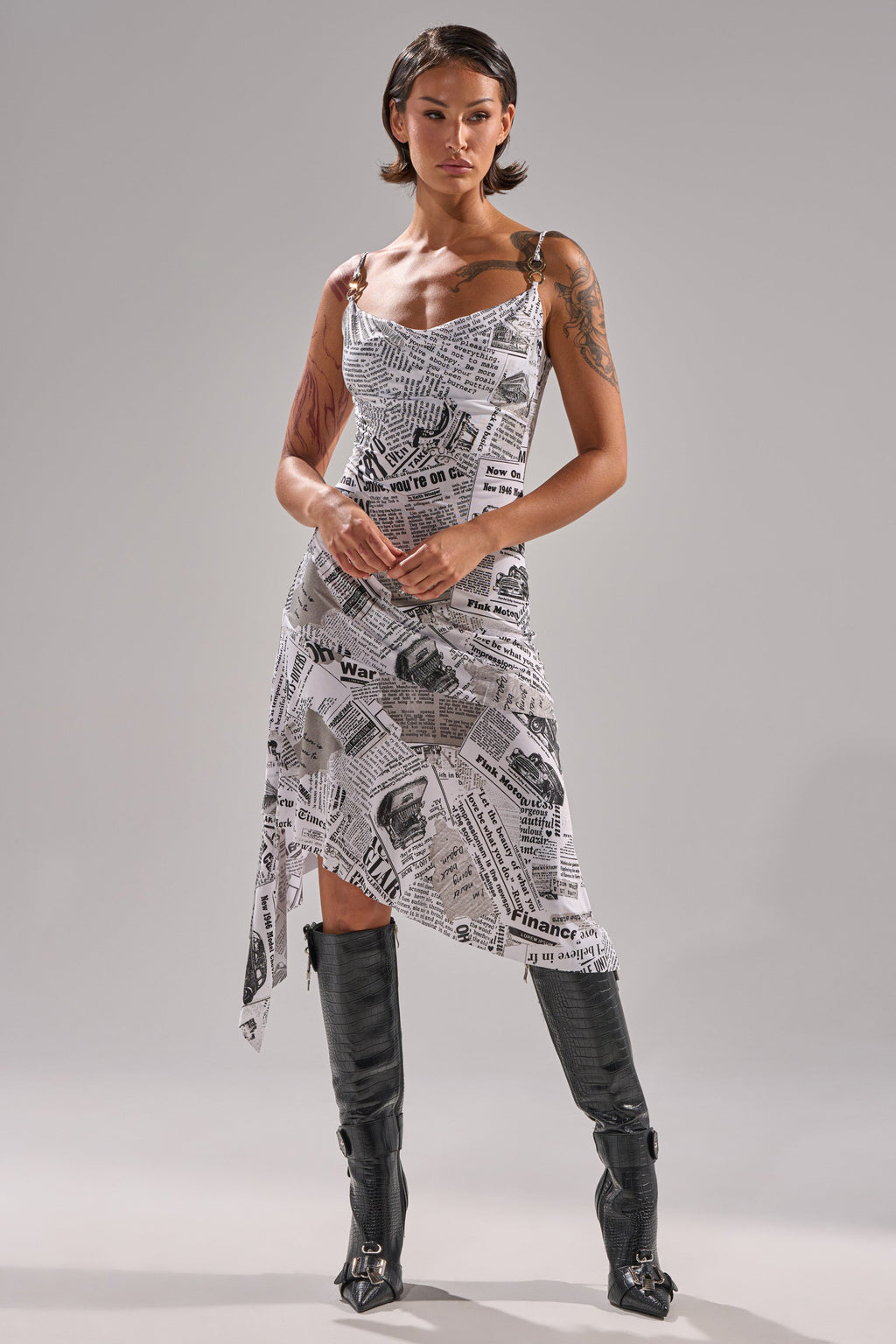 BREAKING NEWS PRINTED MIDI DRESS