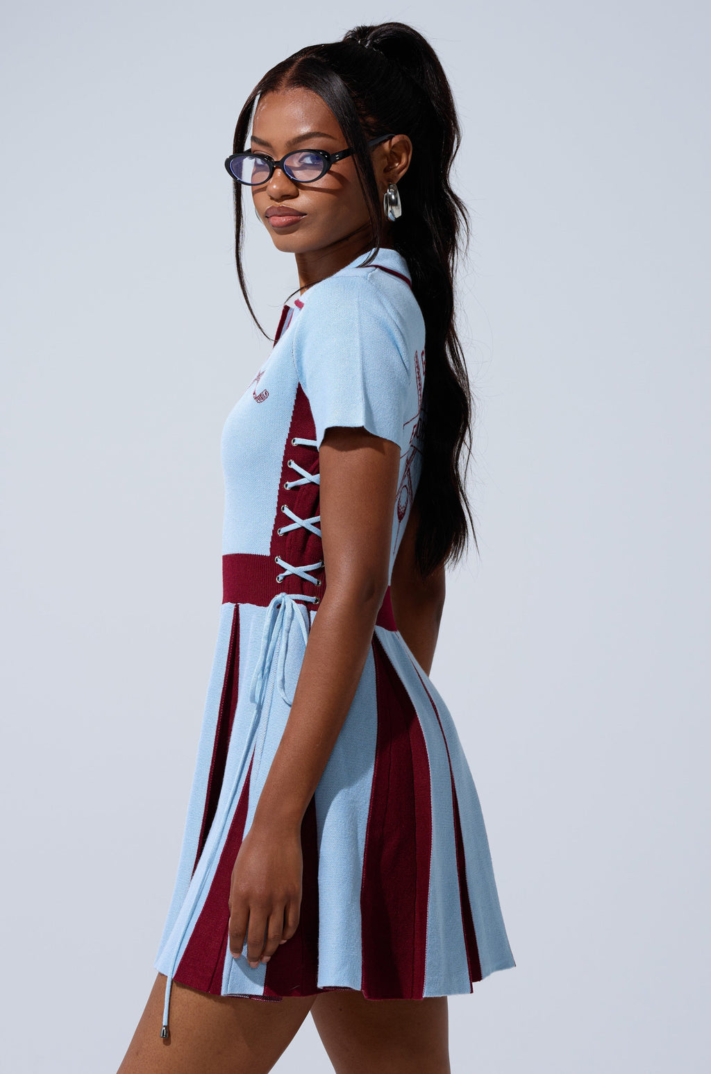 DREKE KNIT MINI DRESS IN BLUE AND BURGUNDY