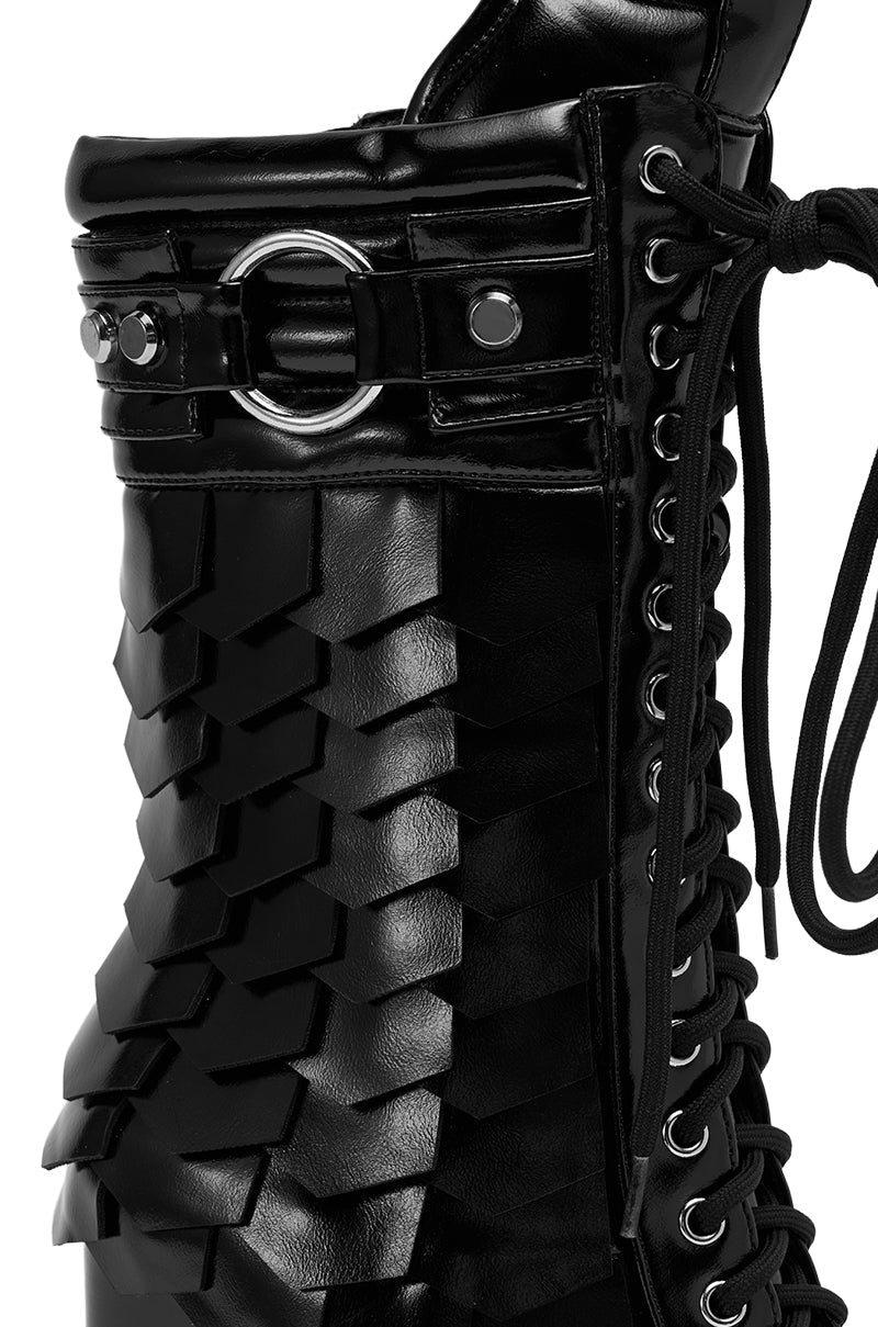 AZALEA WANG GERNOT BLACK LACE UP SCALED PLATFORM BOOTIE