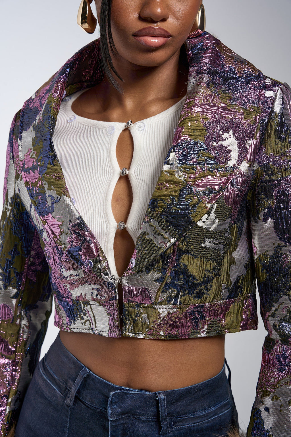 GISELE FUR TRIM MOTO IN BROCADE