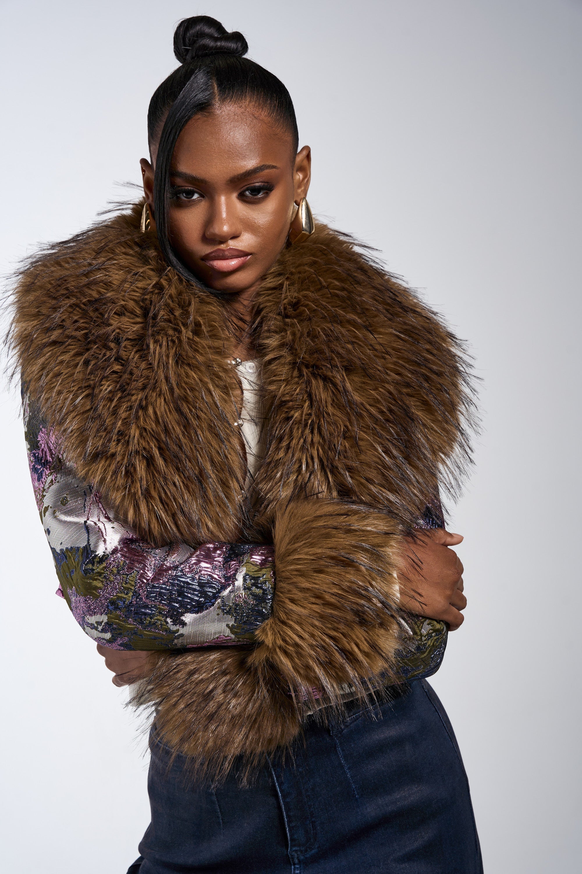 GISELE FUR TRIM MOTO IN BROCADE