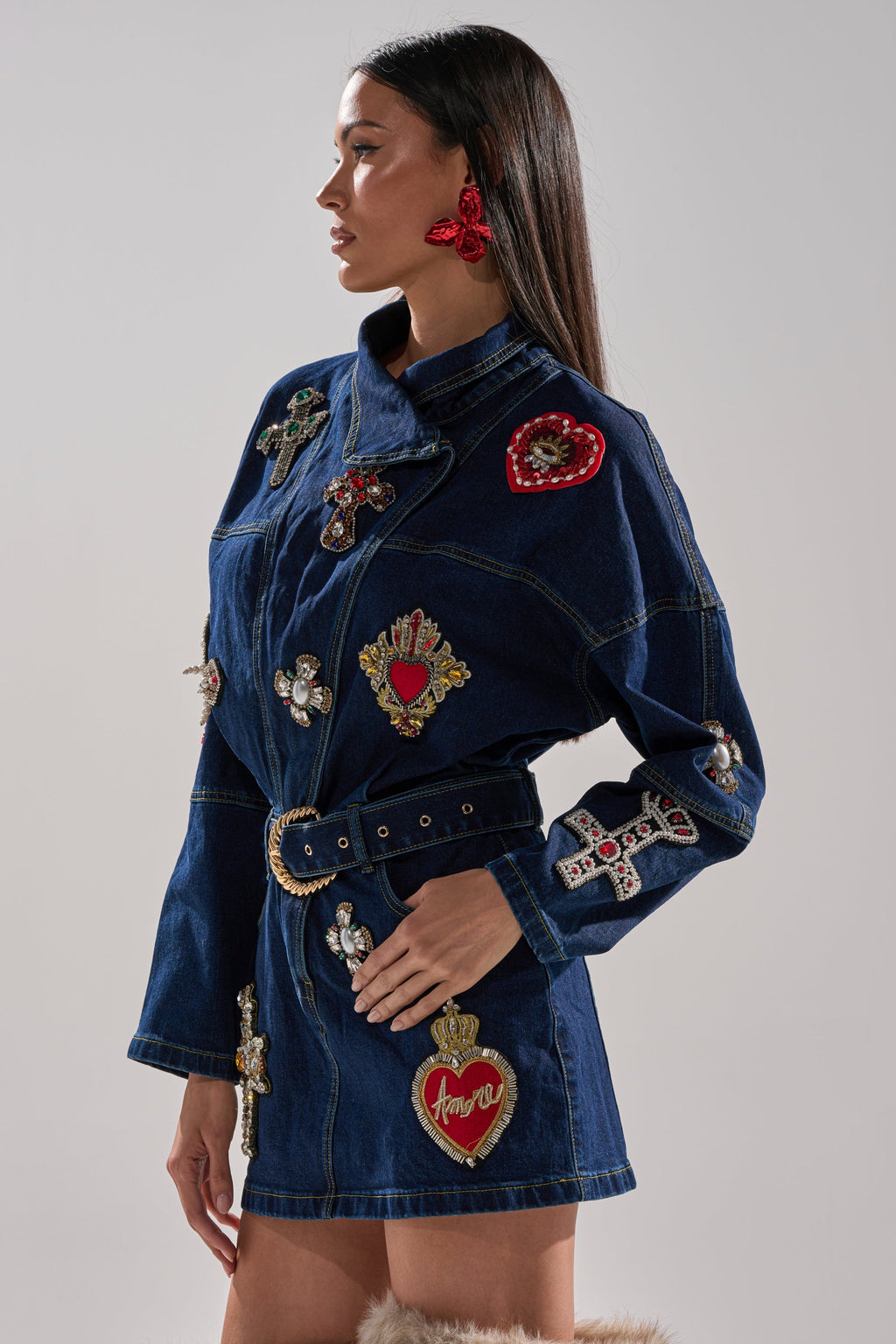 PRETTIEST PROBLEM DENIM PATCHWORK MINI DRESS