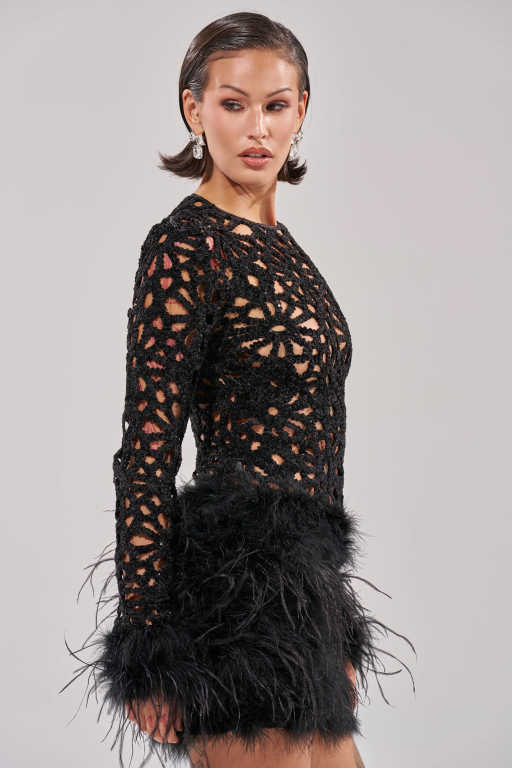 WHO ME? KNIT CROCHET MINI DRESS WITH FEATHERS