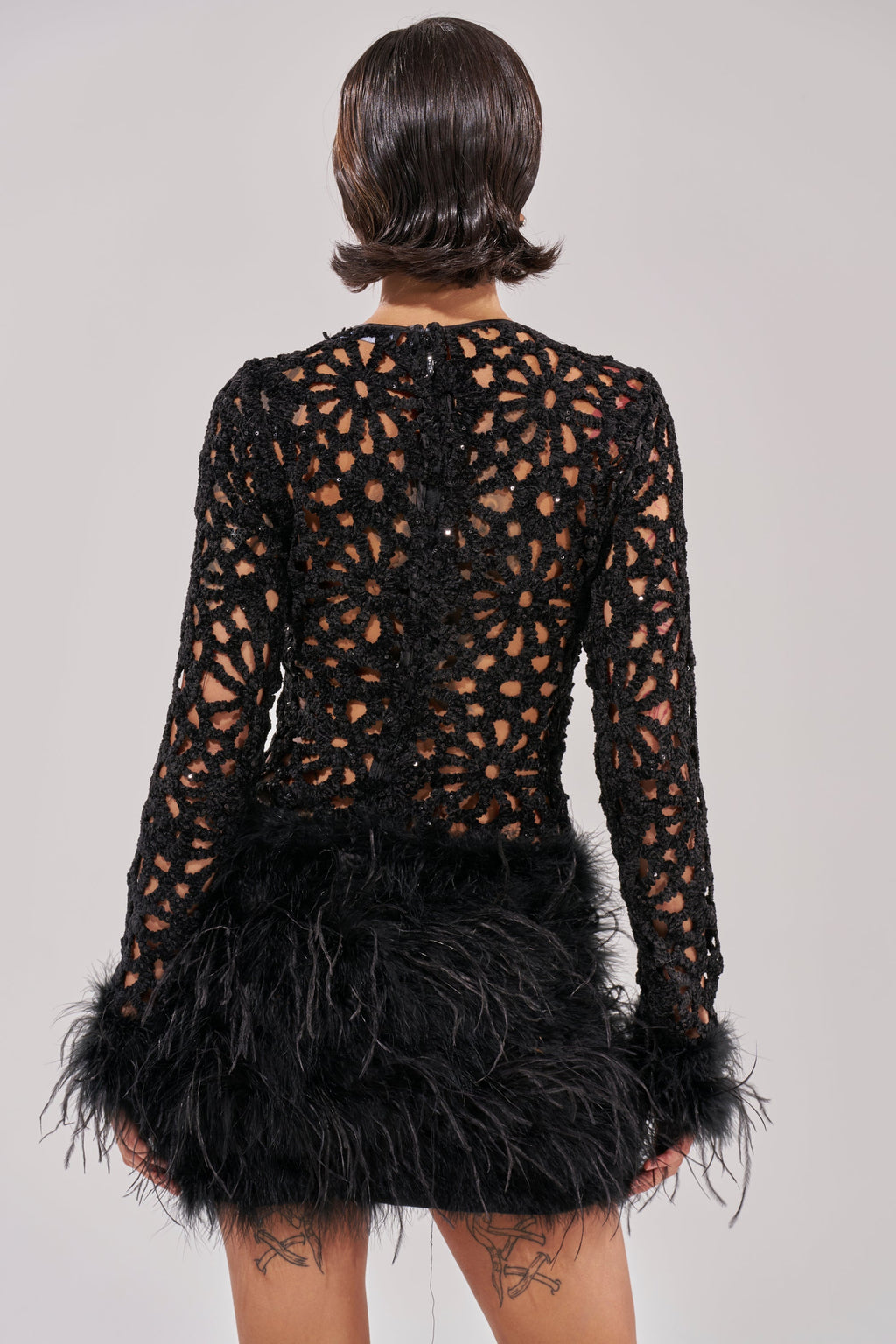 WHO ME? KNIT CROCHET MINI DRESS WITH FEATHERS