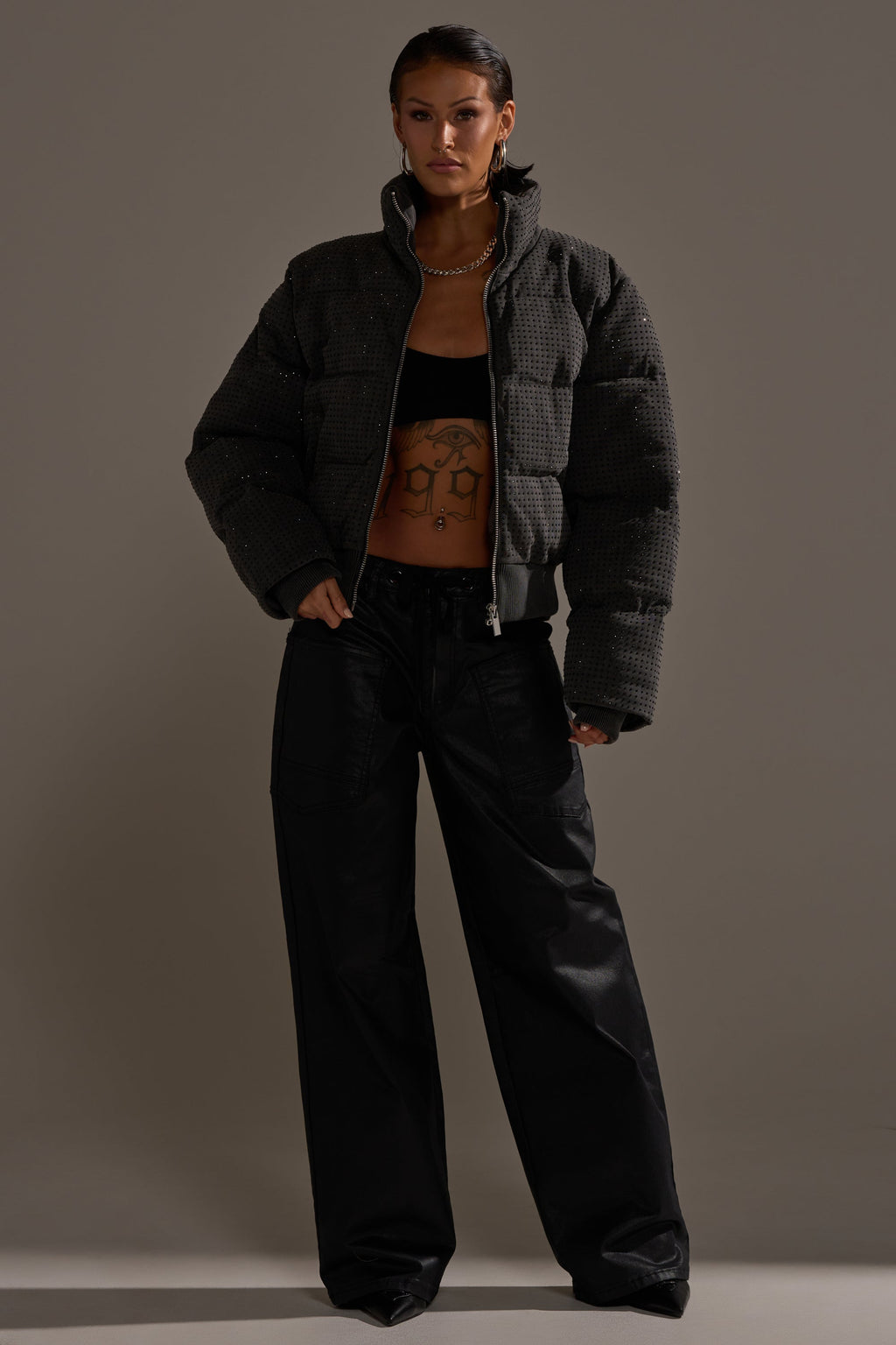 DONT GIVE UP COATED WIDE LEG DENIM WITH GROMMET