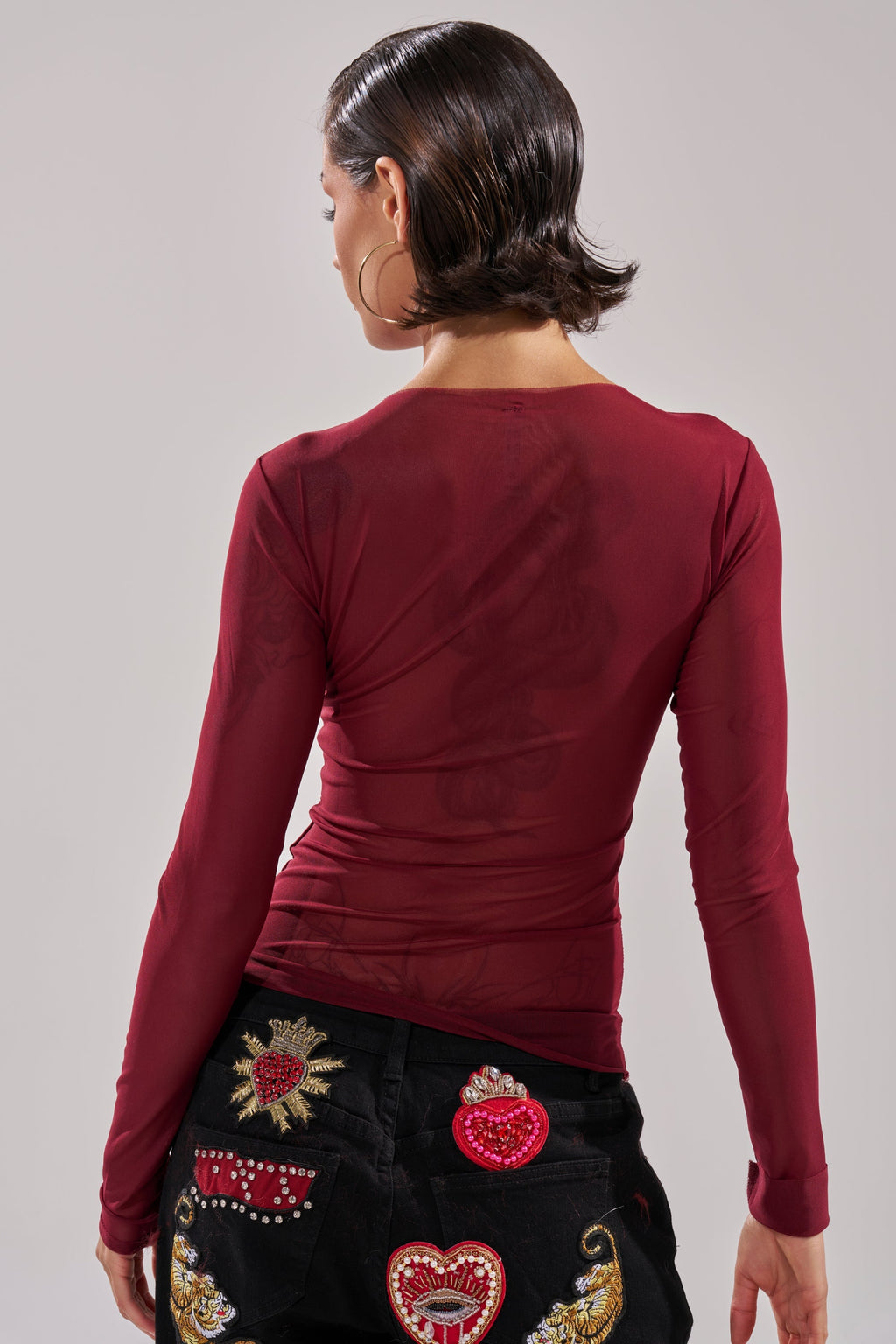 PAXTON DOUBLE LINED MESH LONG SLEEVE TOP IN PLUM