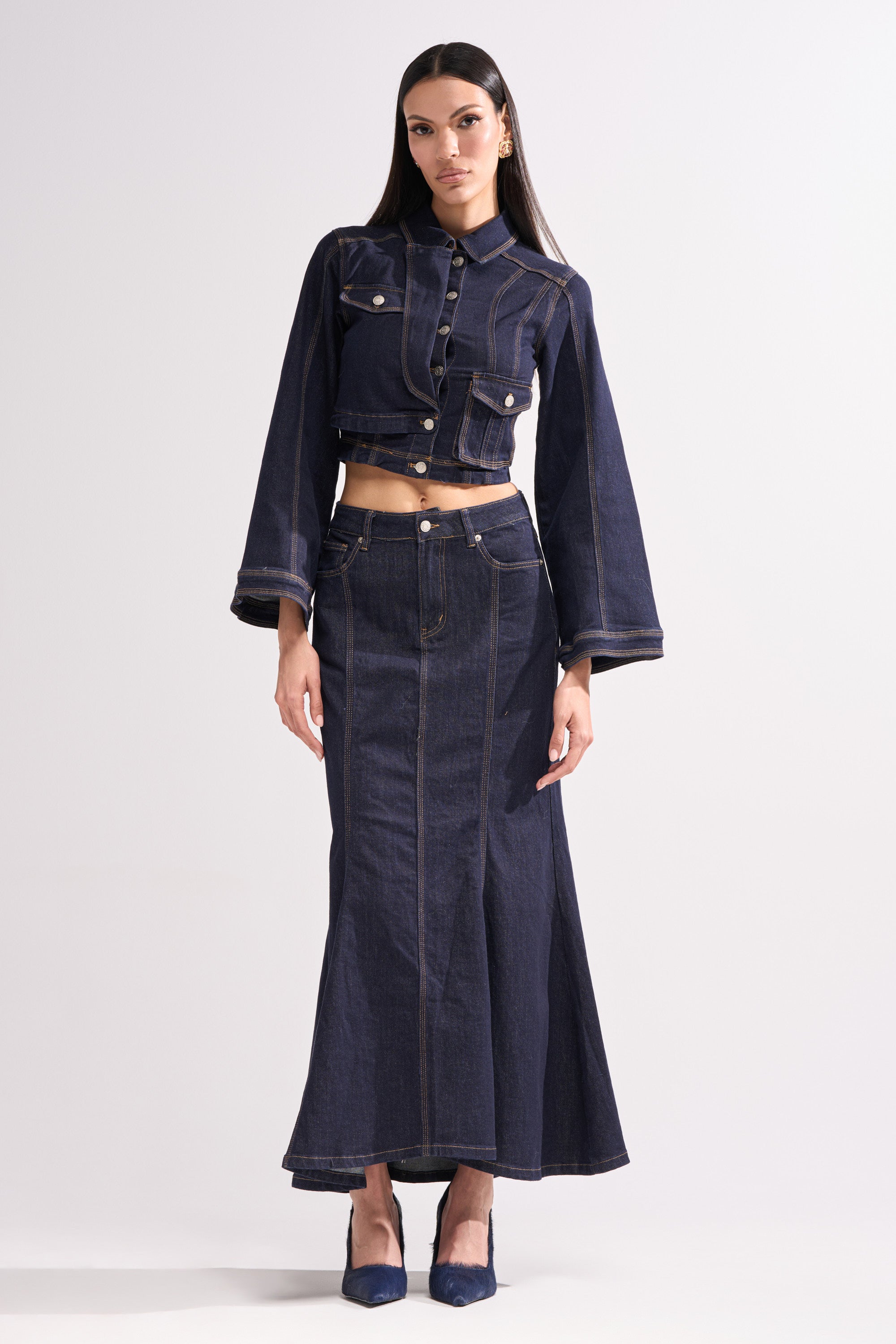 SHES GONE, DANCE ON DENIM MAXI SKIRT