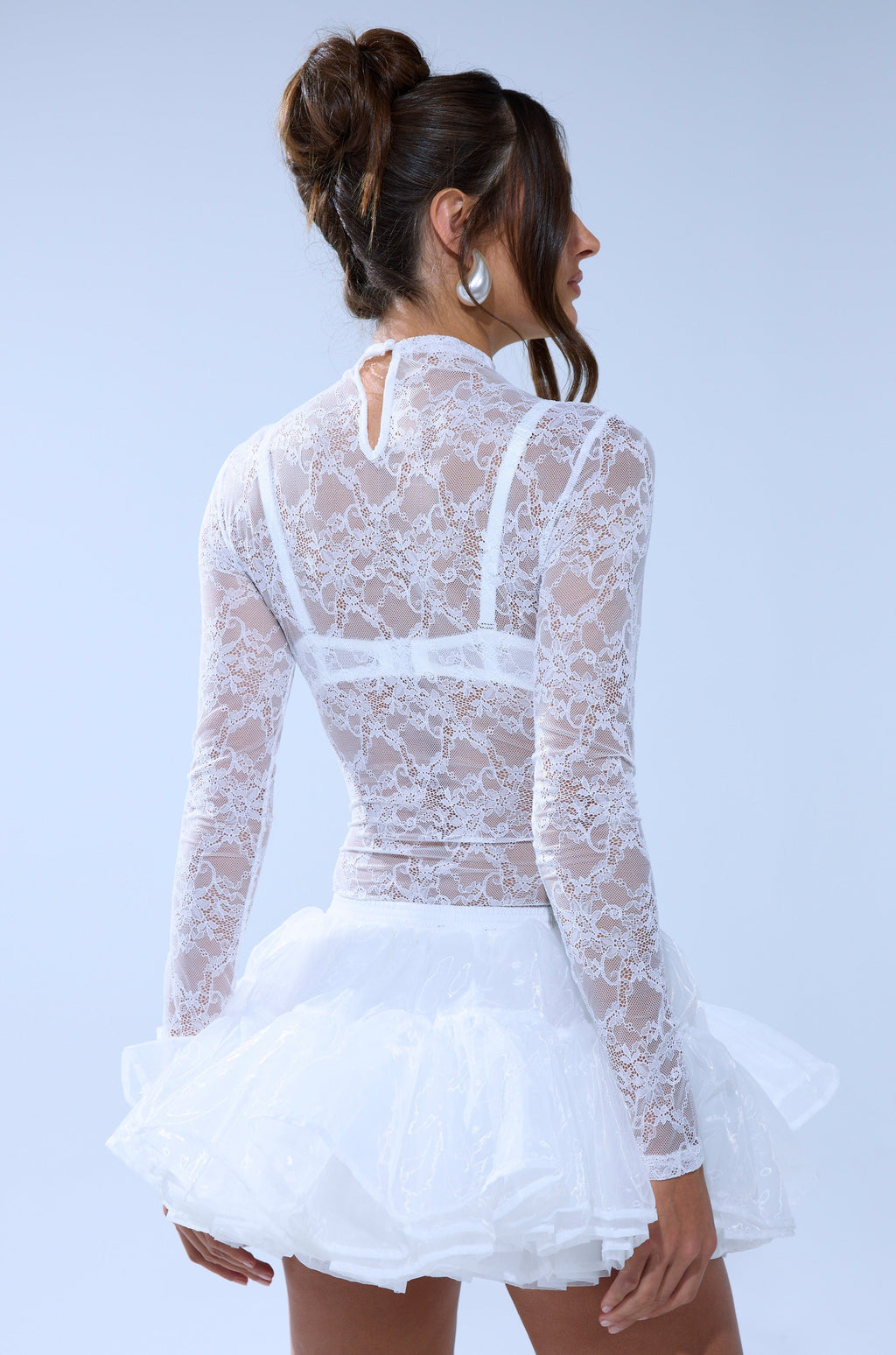 EVERYDAY MOCK NECK LACE BODYSUIT IN WHITE
