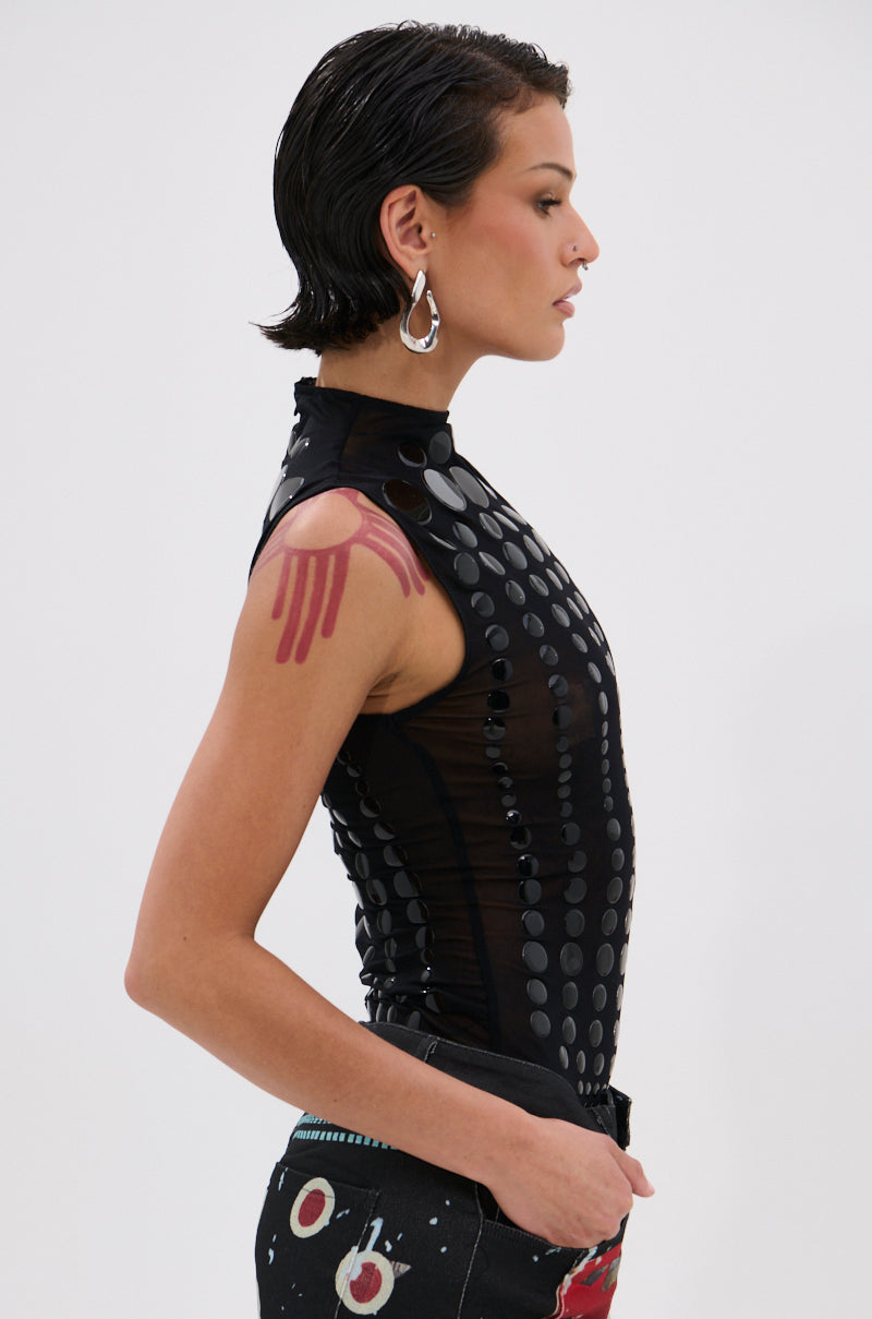 NOT MY FAULT SLEEVELESS BODYSUIT IN BLACK