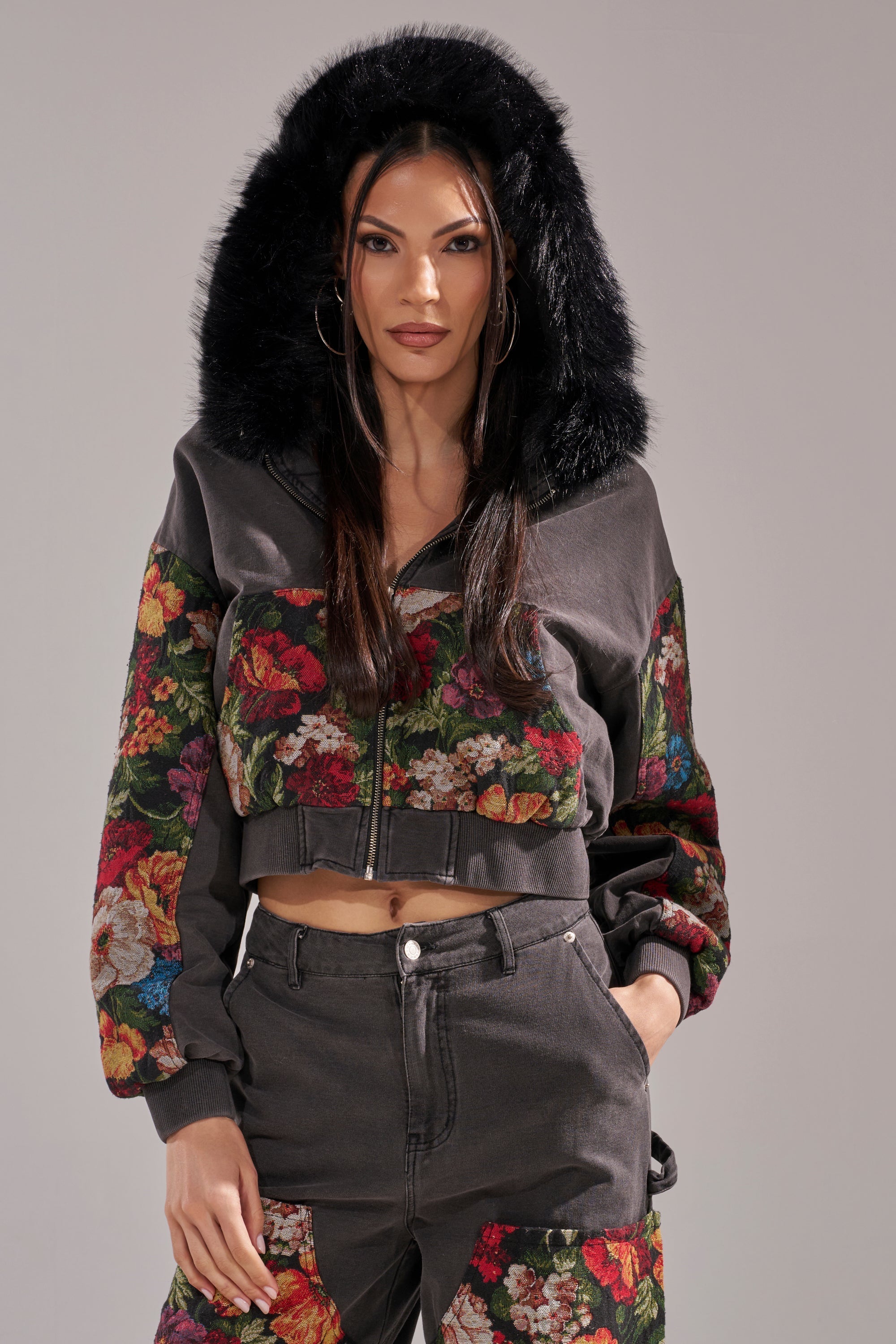 TRY ME FLORAL DENIM ZIP UP SWEATSHIRT
