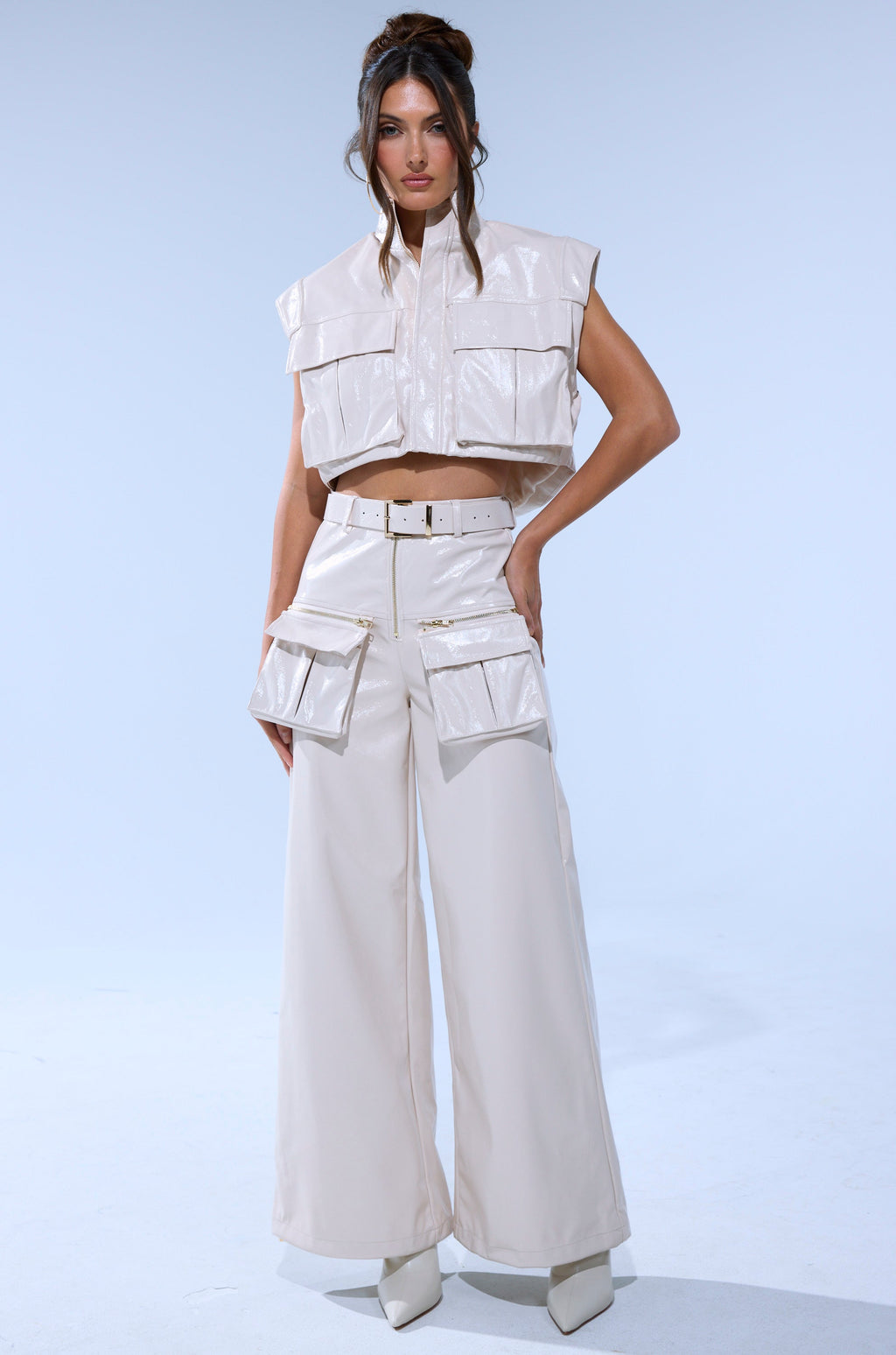 SHOW STOPPER FAUX LEATHER ZIP UP TOP