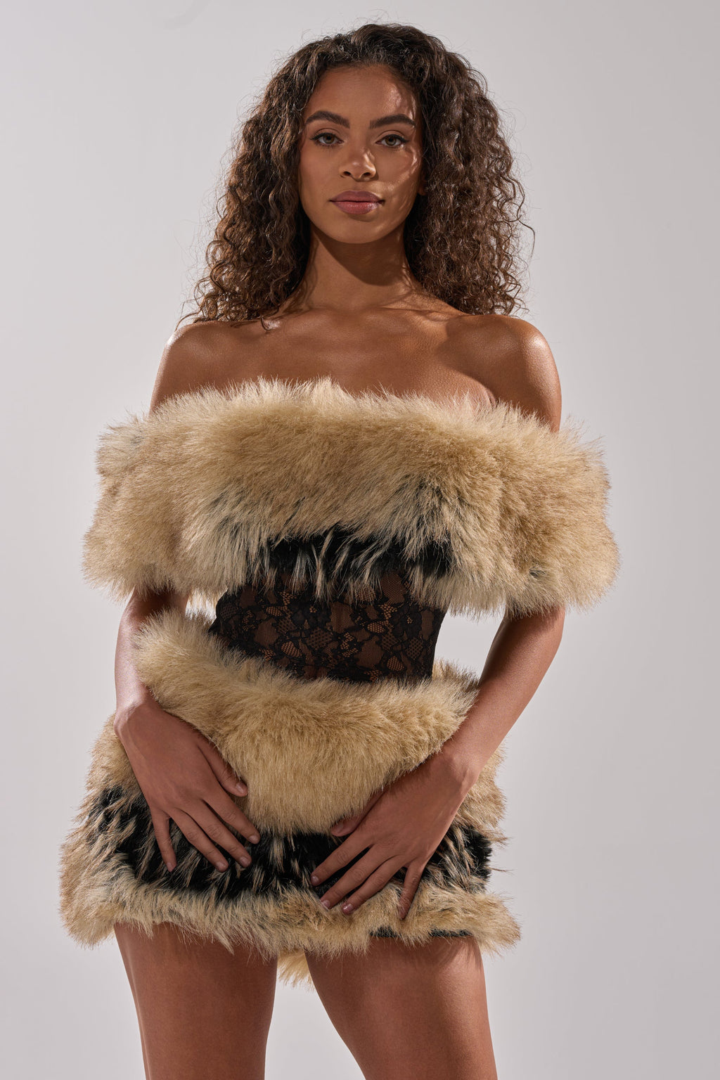 COOL GIRLS ONLY LACE FUR MINI DRESS