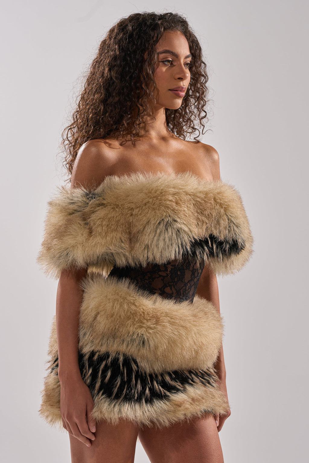 COOL GIRLS ONLY LACE FUR MINI DRESS