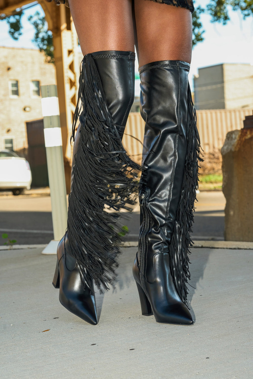 AZALEA WANG KATRICIA BLACK FRINGE CHUNKY BOOT