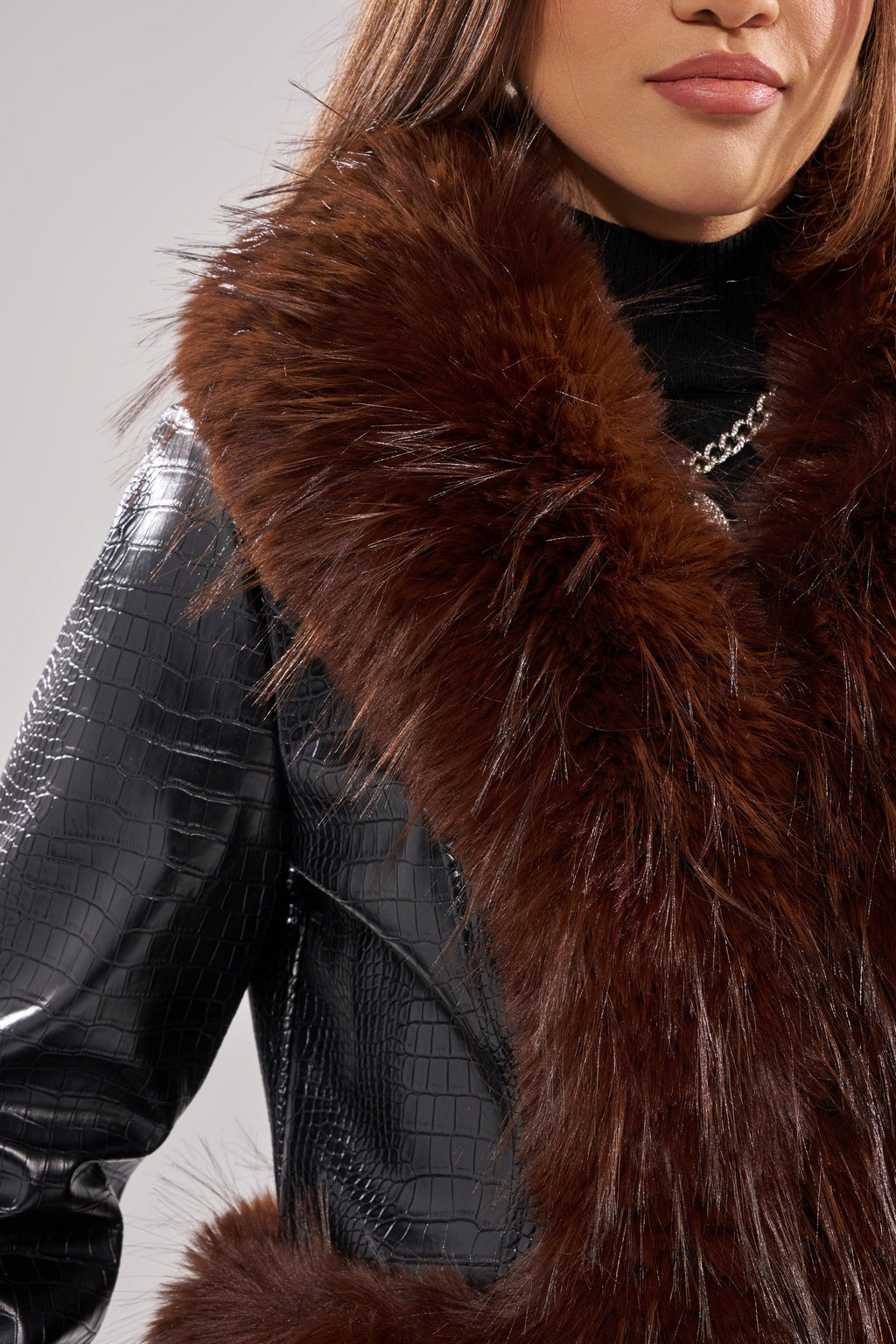 LUNNA FUR TRIM MOTO IN BLACK CROC