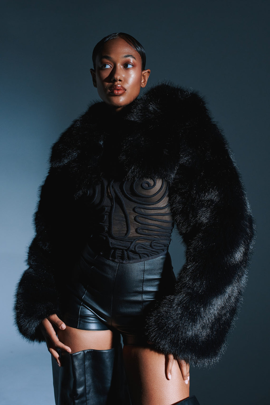 LEILA ULTRA CROP FAUX FUR IN BLACK