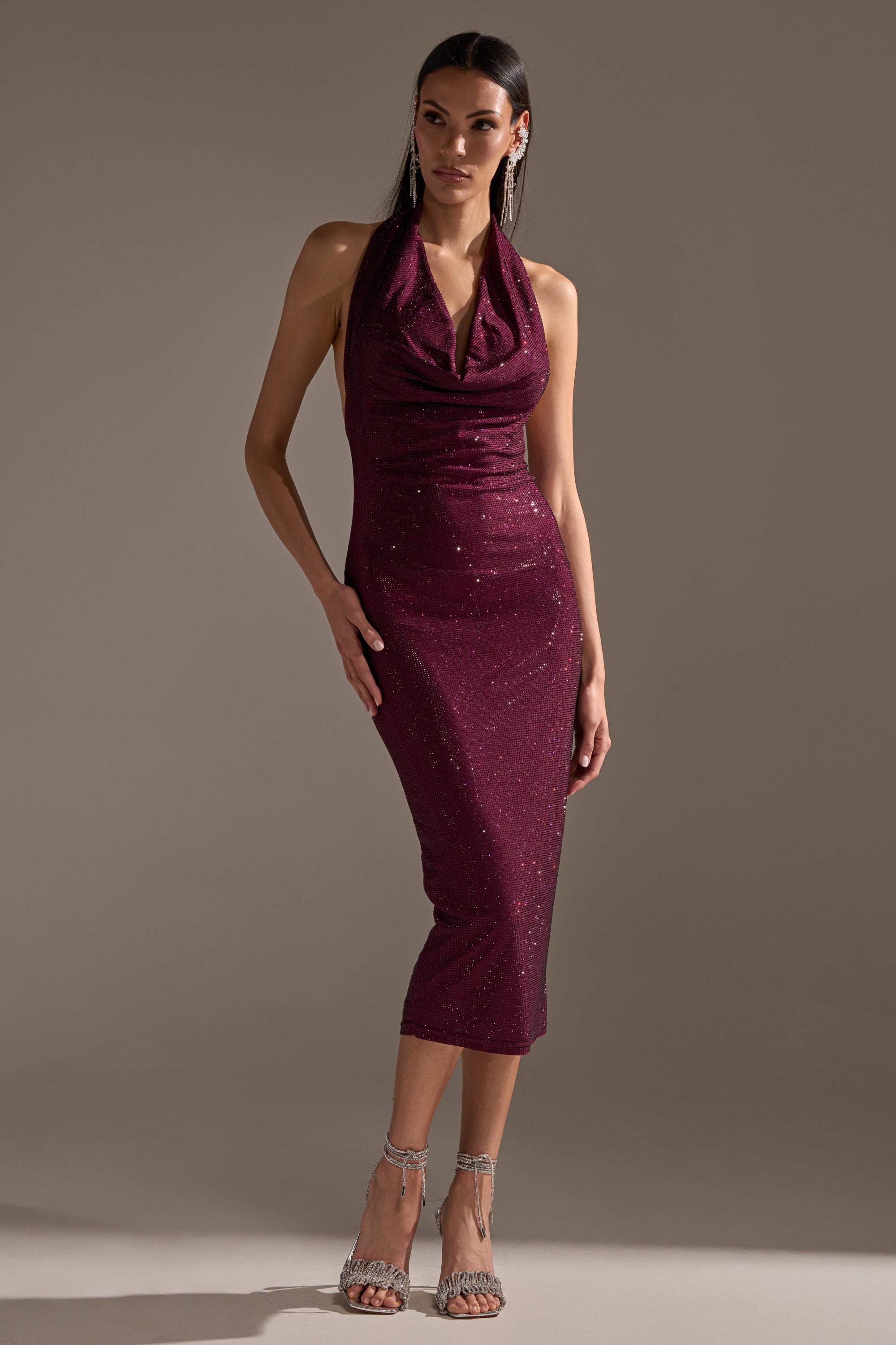 POPPIN' BOTTLES RHINESTONE MAXI DRESS IN PURPLE