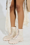 AZALEA WANG TWINKLEY BONE PEARL EMBELLISHED COMBAT BOOTIE