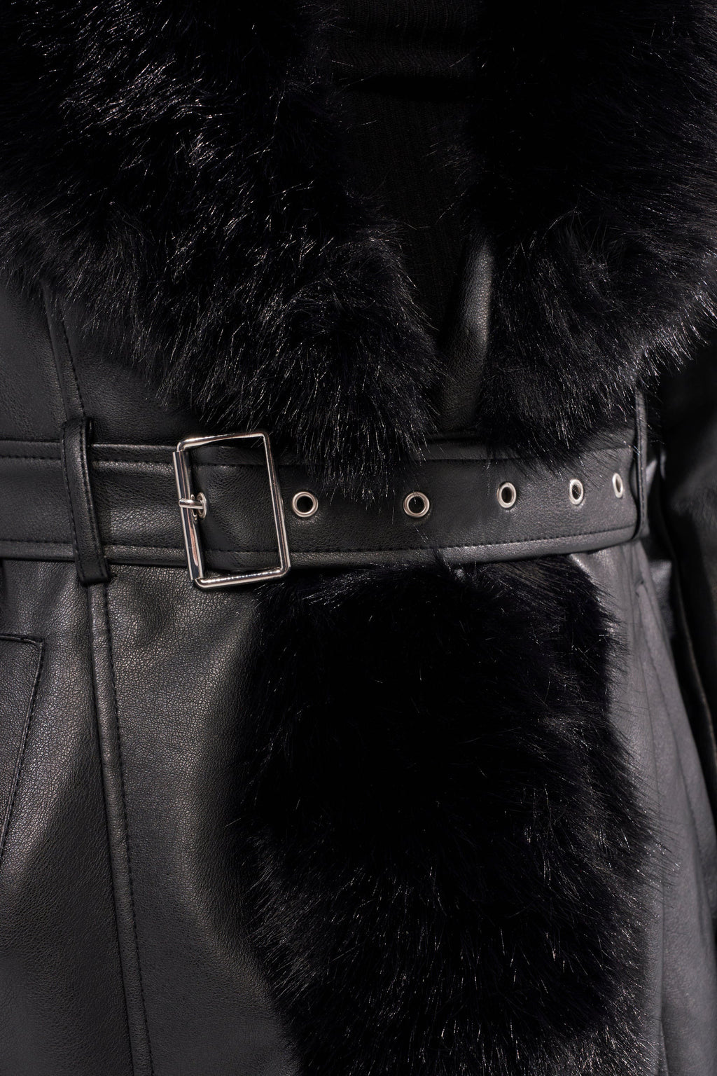 VIVAN LONG PU TRENCH WITH FAUX FUR TRIM
