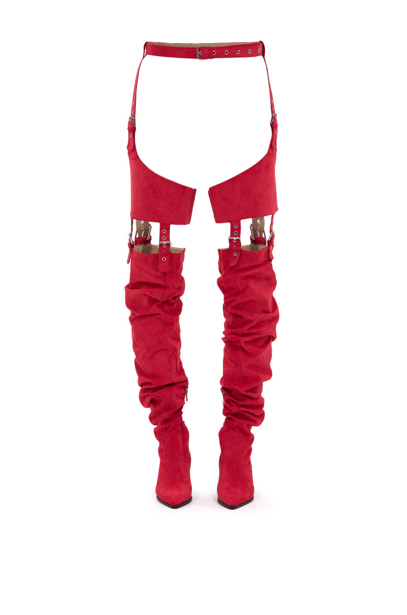 AZALEA WANG XOMARIA RED FAUX SUEDE WESTERN CHAP BOOT