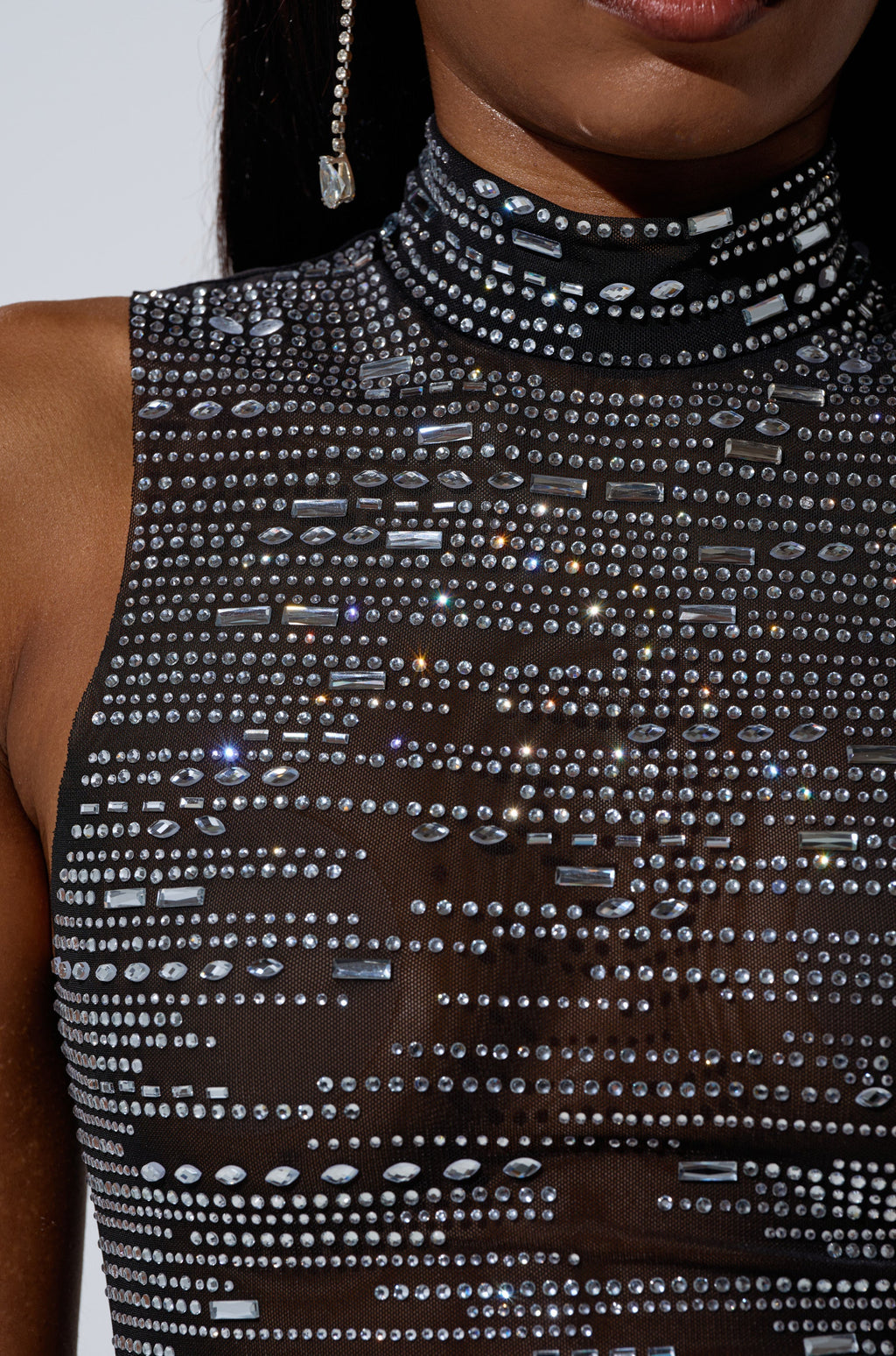 BELIEVE ME RHINESTONE MESH TANK IN BLACK