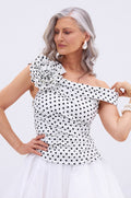 RUCHED POLKA DOT OFF THE SHOULDER TOP