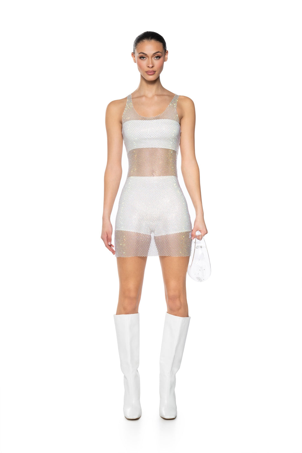 AYLA RHINESTONE MESH MIDI DRESS IN WHITE