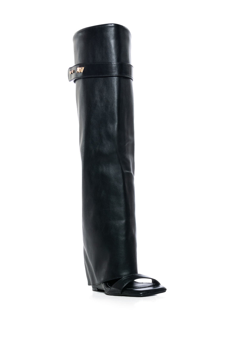 AZALEA WANG MARIETTA FOLD OVER OPEN TOE SANDAL BOOT IN BLACK