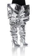 AZALEA WANG NEMY SILVER KITTEN HEEL THIGH HIGH BOOT