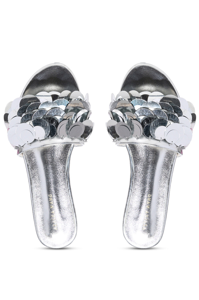 AZALEA WANG TACHI EMBELLISHED FLAT SANDAL IN SILVER