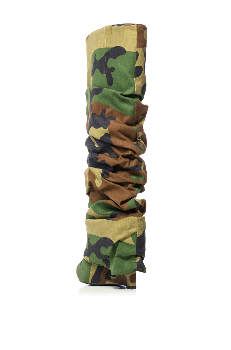AZALEA WANG ZUMMA CAMO RUCHED WEDGE BOOT