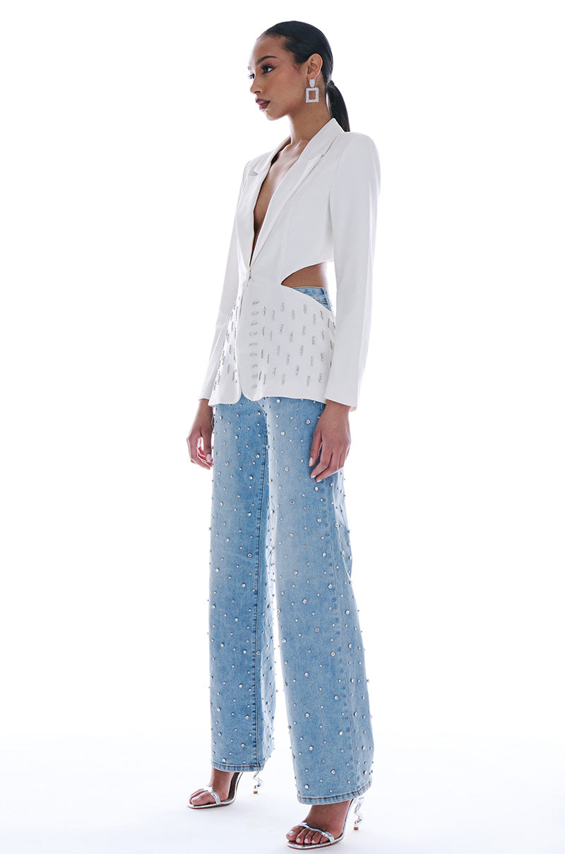 BACK CUT RHINESTONE BLAZER IN WHITE