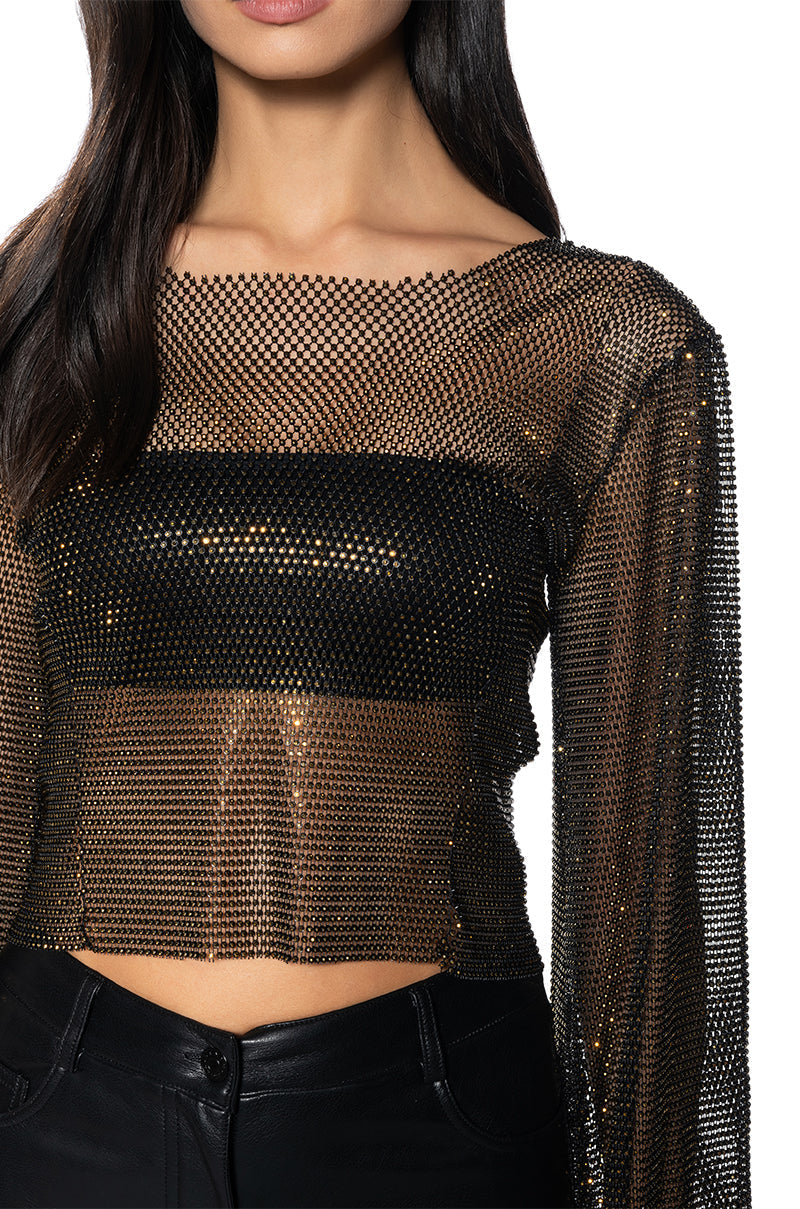 BLURRED LOVE LONG SLEEVE RHINESTONE TOP IN BLACK