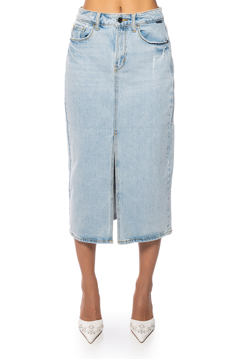 BRIANA CENTER SLIT DENIM MIDI SKIRT