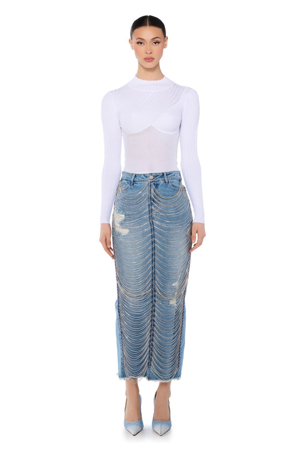 CHAIN DETAIL DENIM MAXI SKIRT