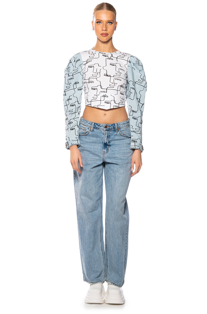 DENIM SLEEVE PRINTED SWEATSHIRT